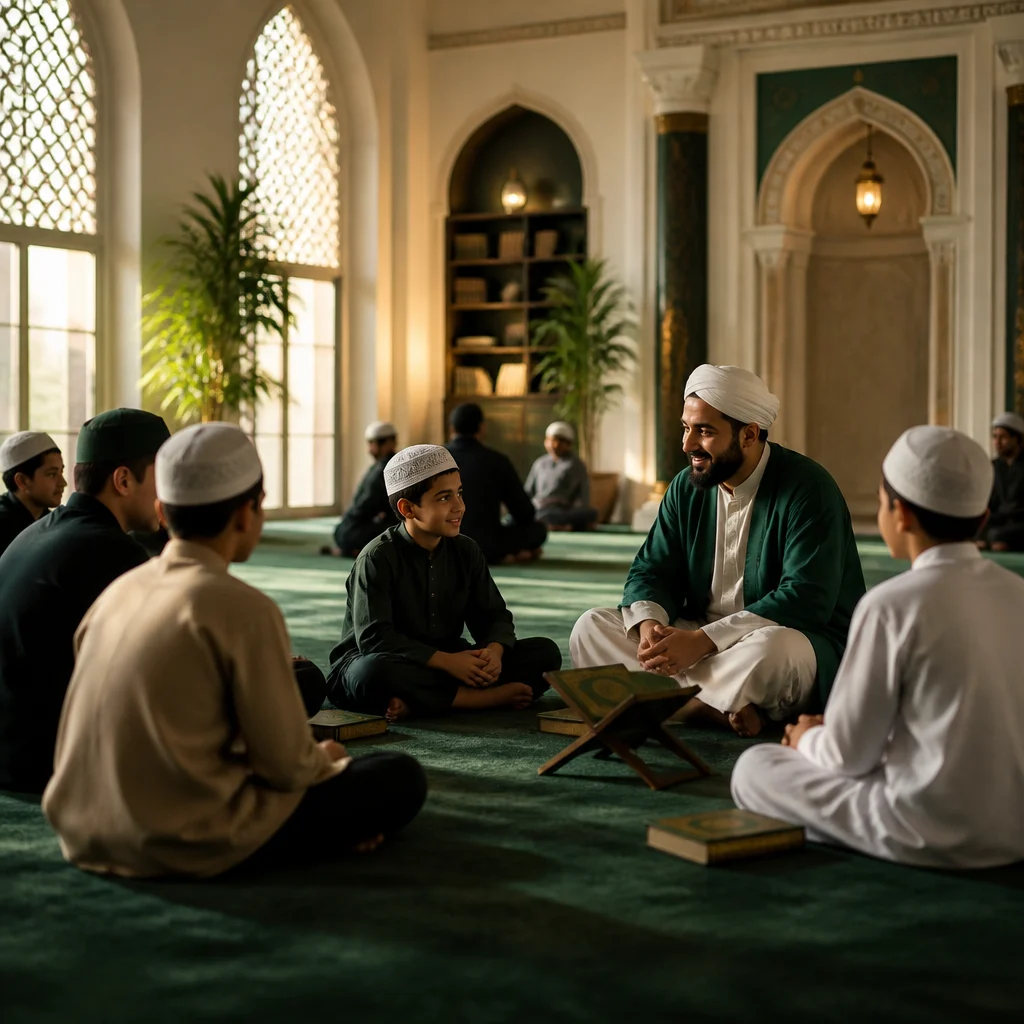 A supportive masjid community scene where students learn together, conveying confidence, respect, and belonging.