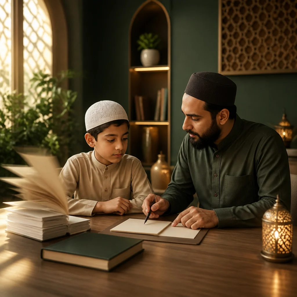 A teacher and student in a quiet study setting, suggesting guided recitation practice and progress through feedback.