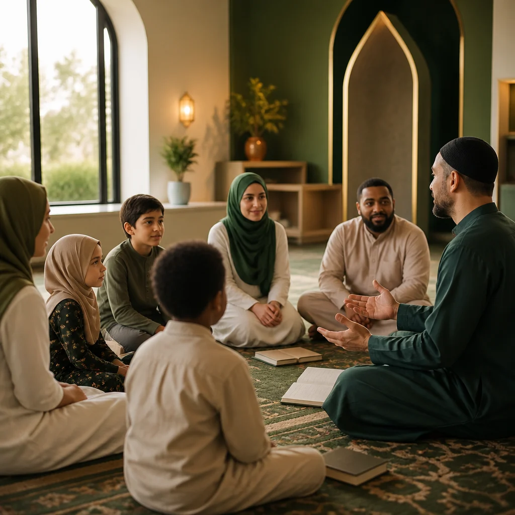Families gathered in a mosque learning circle with a teacher, reflecting a safe, structured Quran education environment.