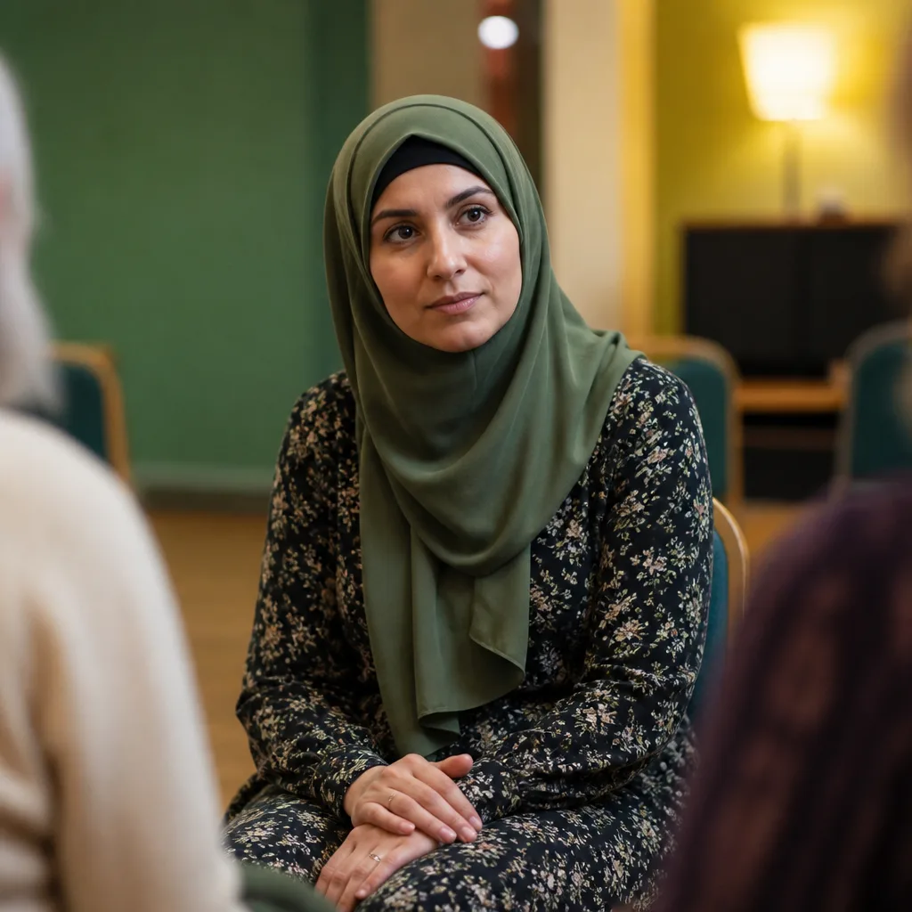 A woman in a welcoming community setting listening to encouraging faith stories.