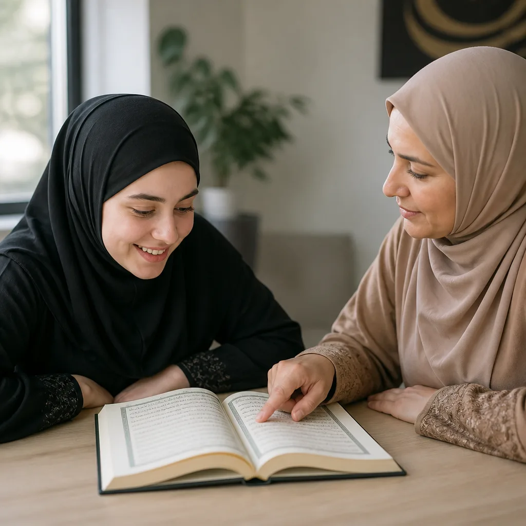 A new Muslim woman learning Quran with a calm, supportive study environment.