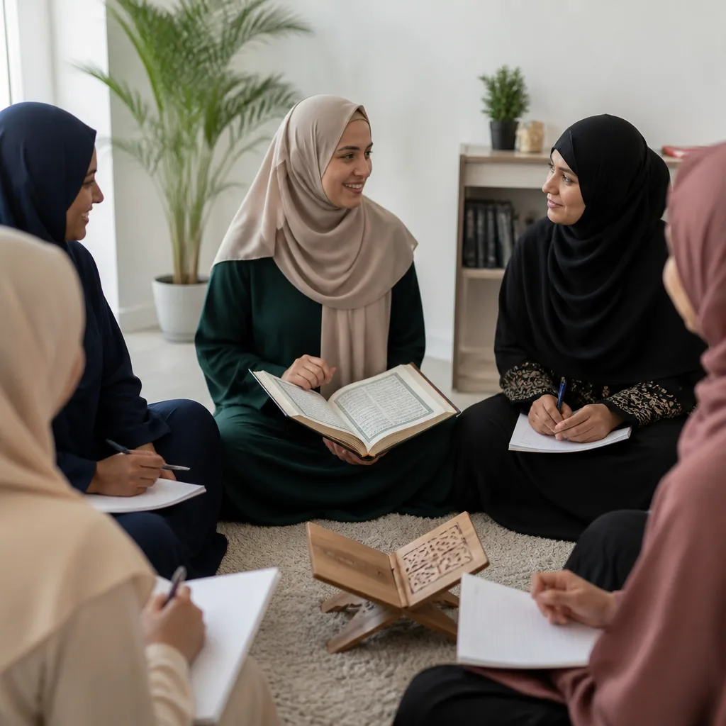 Women gathered in a supportive learning circle with an open Quran and notebooks.
