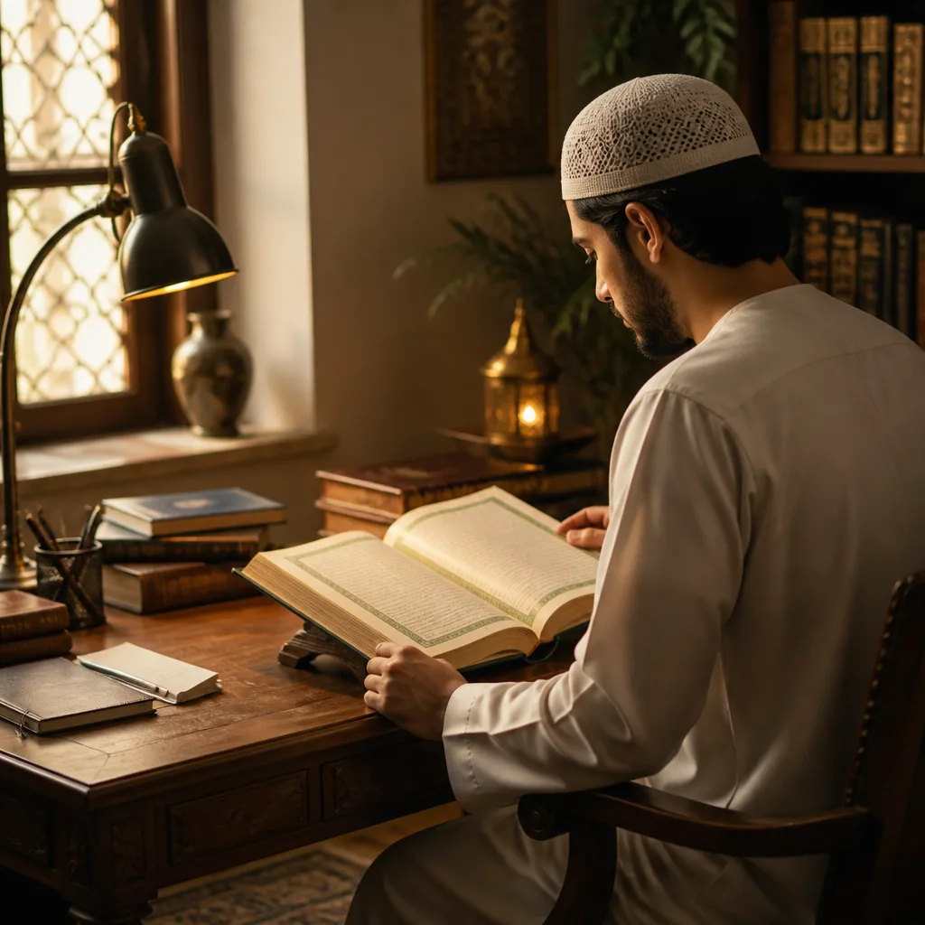 A man studying the Qur’an in a quiet learning space