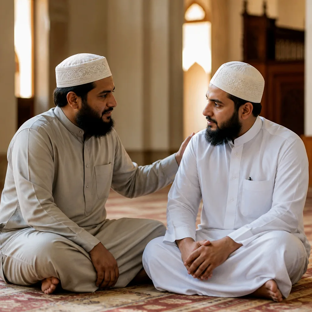 Supportive Muslim brotherhood conversation in a mosque setting