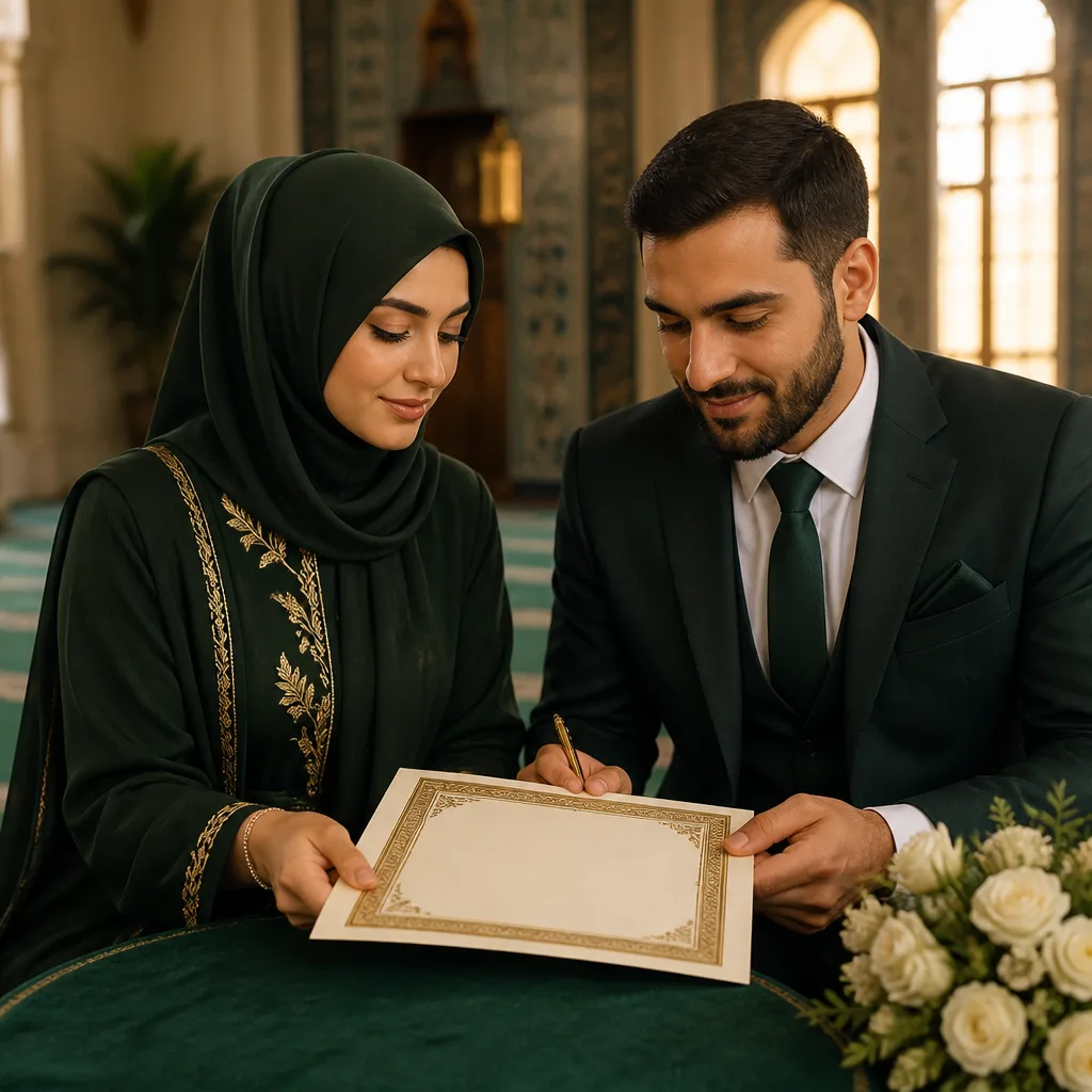 A respectful community setting representing an Islamic marriage contract and sincere intention.