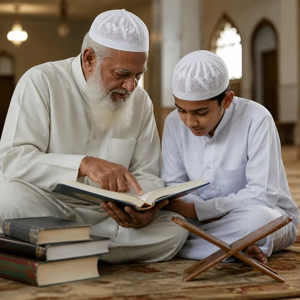 Senior man studying Qur’an in a quiet masjid learning space