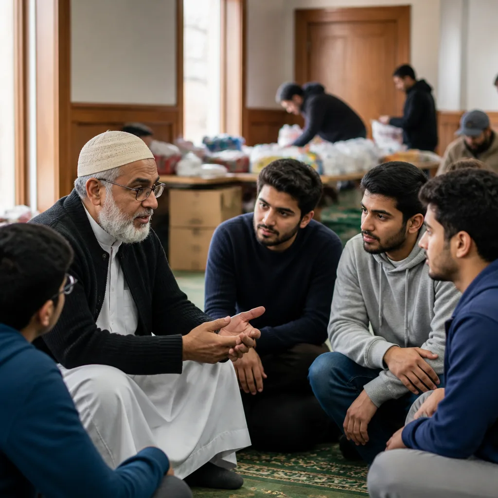 Senior man mentoring younger brothers during a community learning moment
