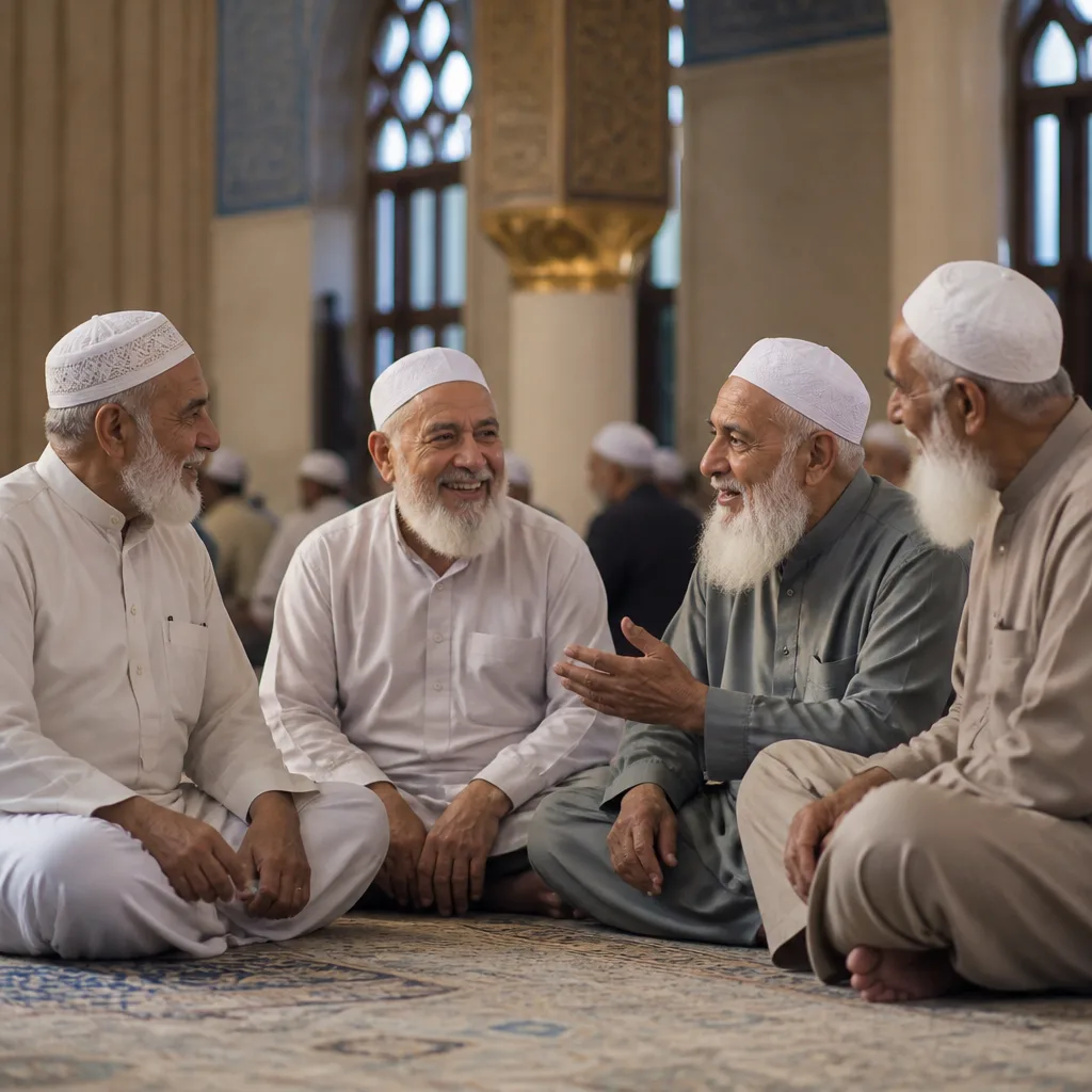 Senior Muslim men in a peaceful masjid setting with warm natural light