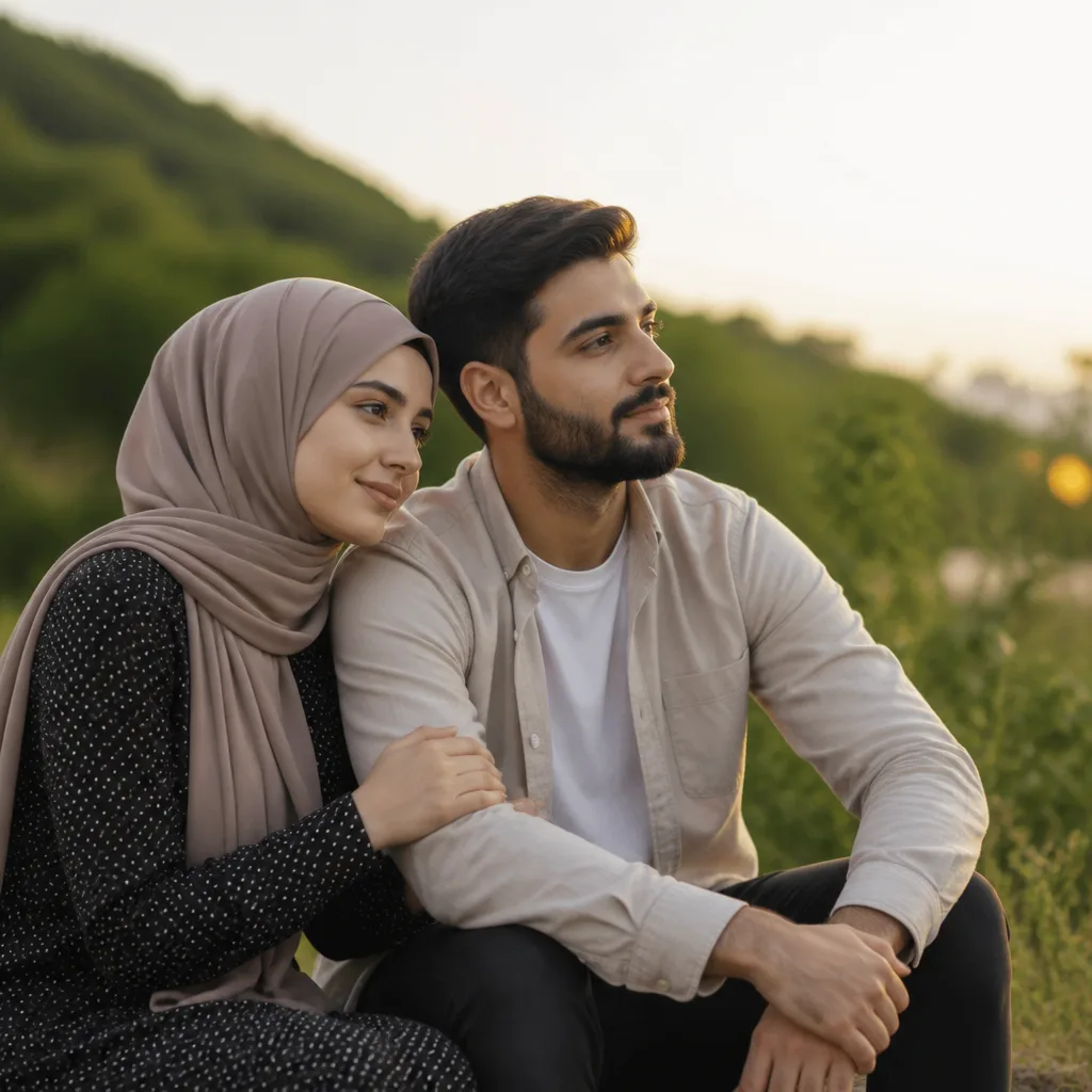 Serene couple in a peaceful outdoor setting