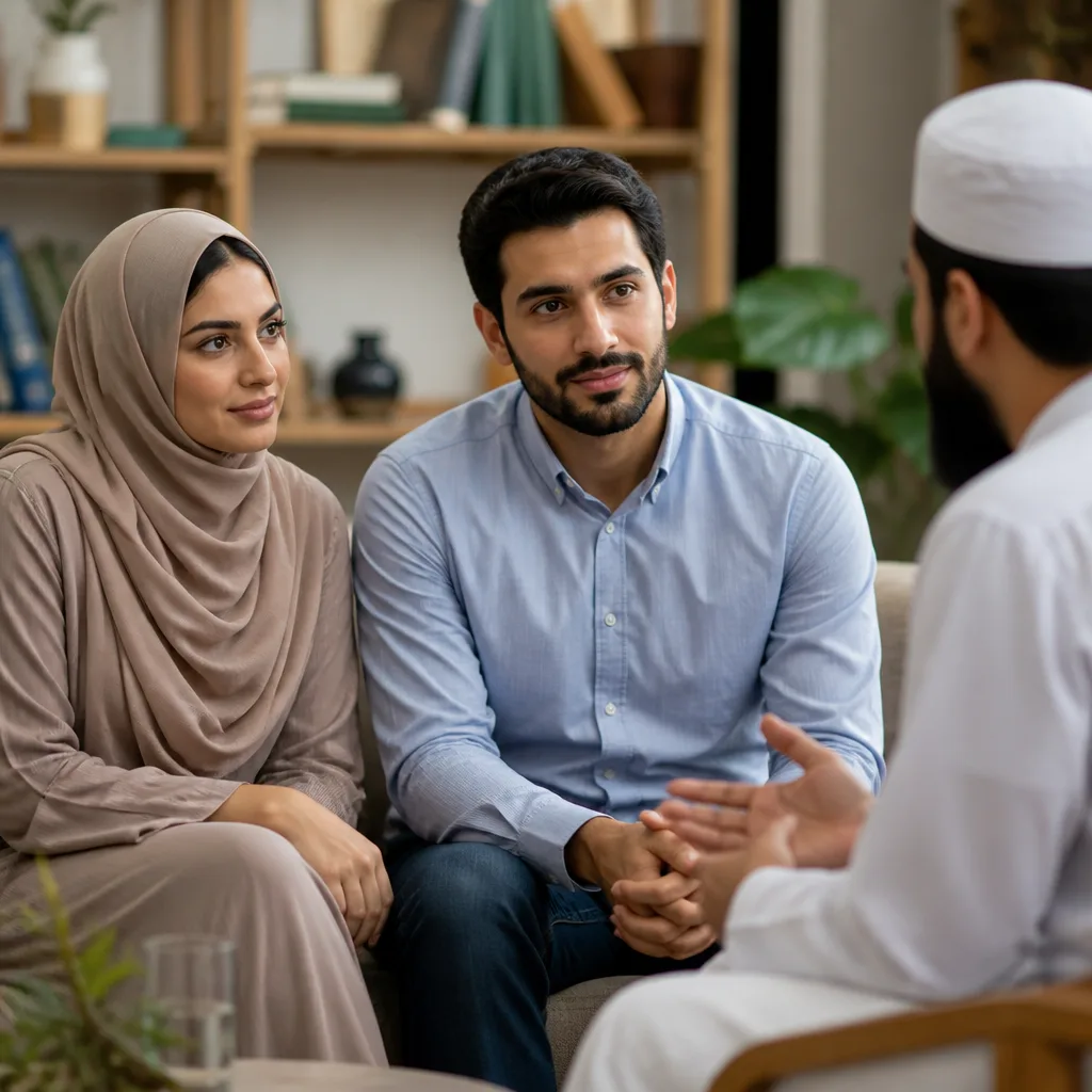 Couple receiving Nikah guidance in a community consultation setting