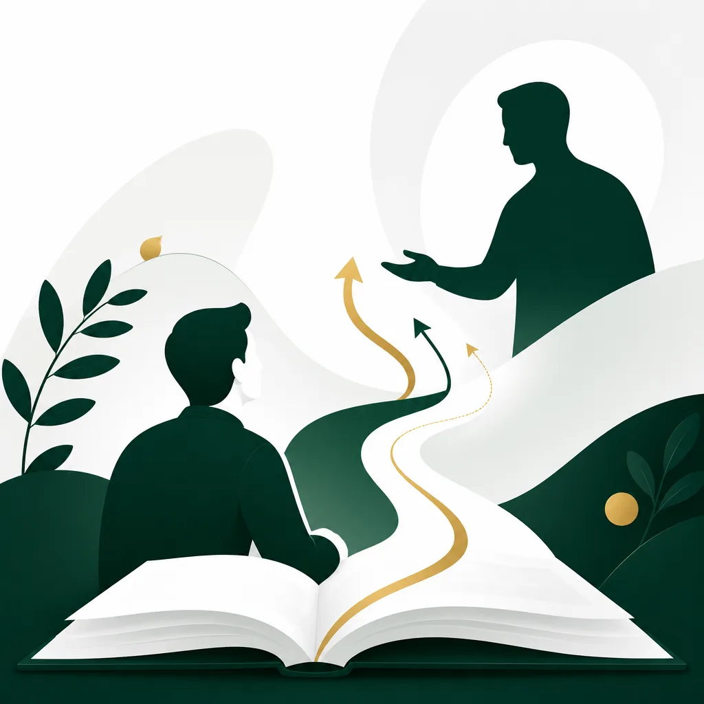 Illustration representing adult Islamic education and supportive learning guidance with an open book and warm gold accents.