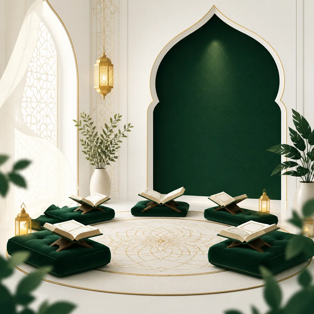 Illustration of a peaceful women’s Quran halaqa study circle with calming geometric patterns and warm gold accents.