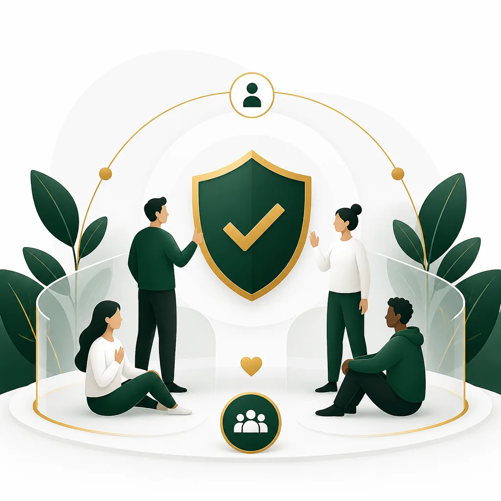 Illustration symbolizing clarity, safety, and respectful community policies with a shield-like motif and warm gold accents.
