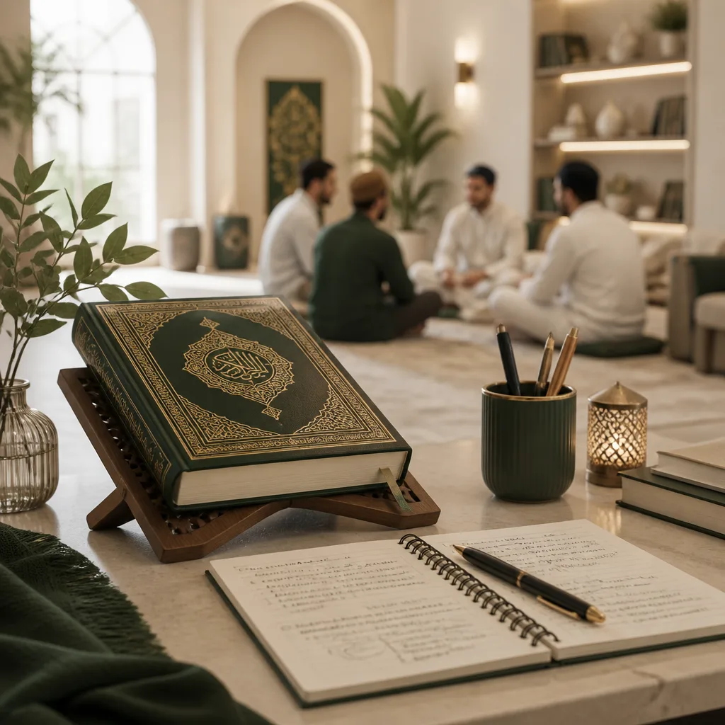A peaceful study setting symbolizing Quran meaning, consistency, and community support.