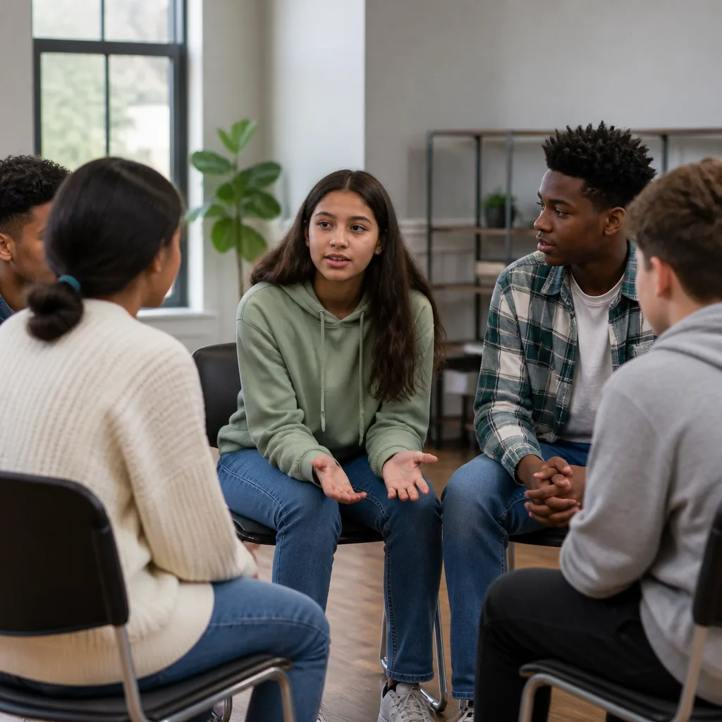 Youth discussion circle in a community room