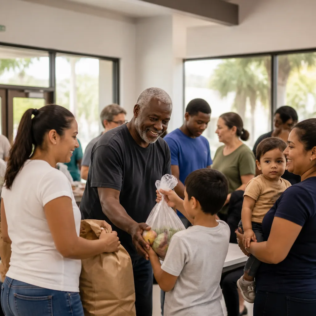 Volunteers and families gathering in a welcoming community center space