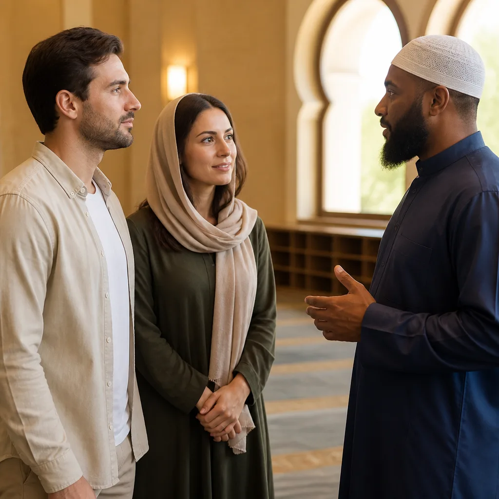 Couple and community guide in a serene indoor setting