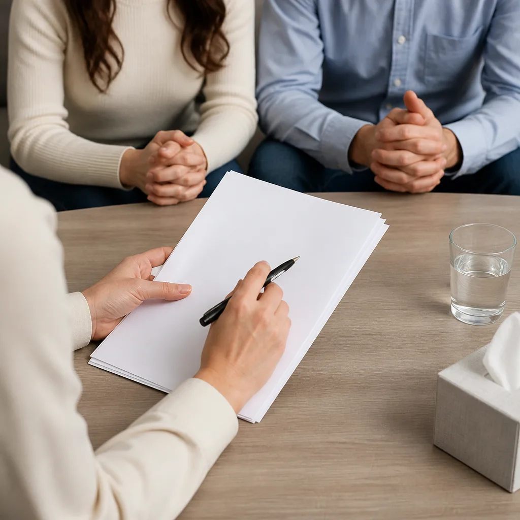 Hands reviewing blank questionnaire sheets at a counseling table