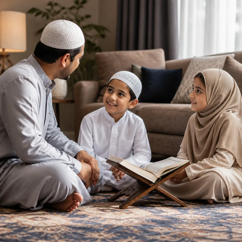 Family study setting with Quran and calm discussion