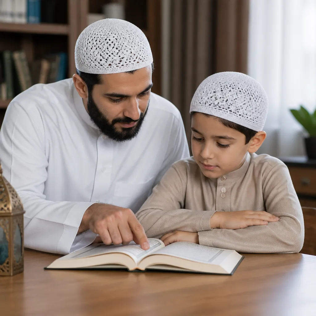Parent and child reviewing recitation at a calm table