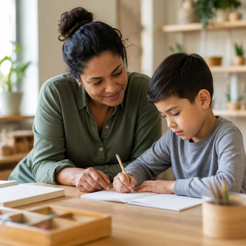 Serene learning moment with an instructor guiding a child