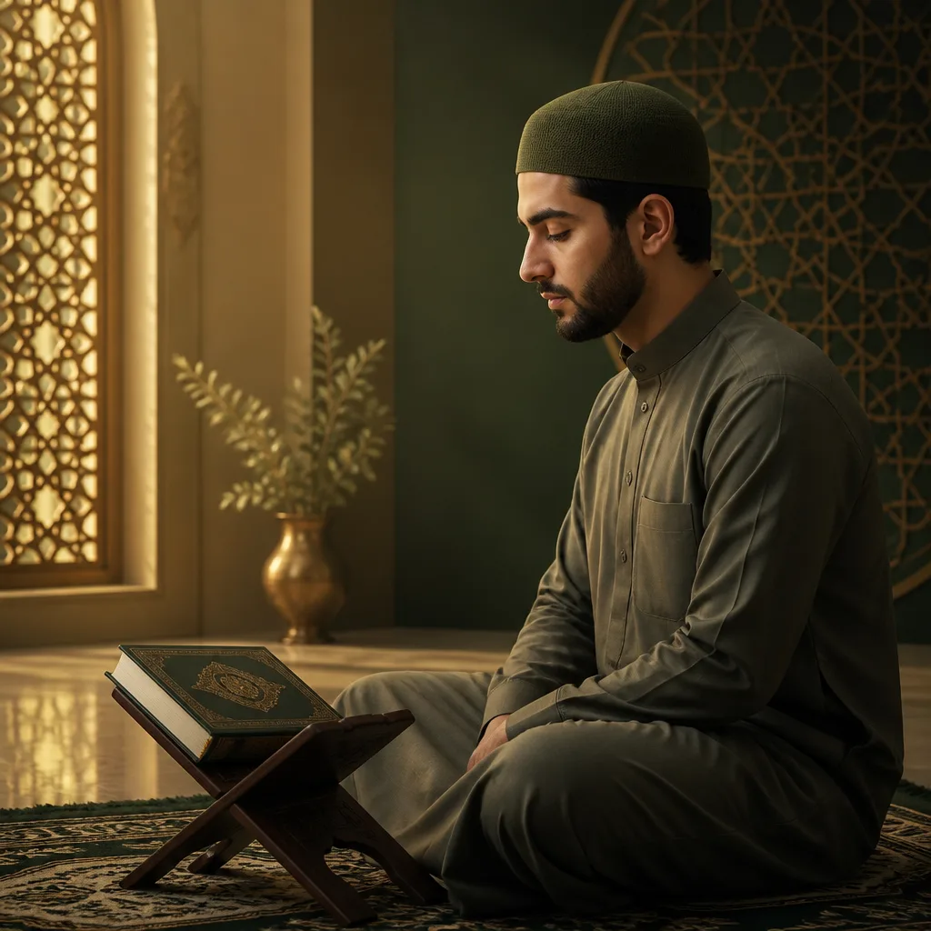 Focused Quran recitation practice with a serene, premium learning atmosphere.