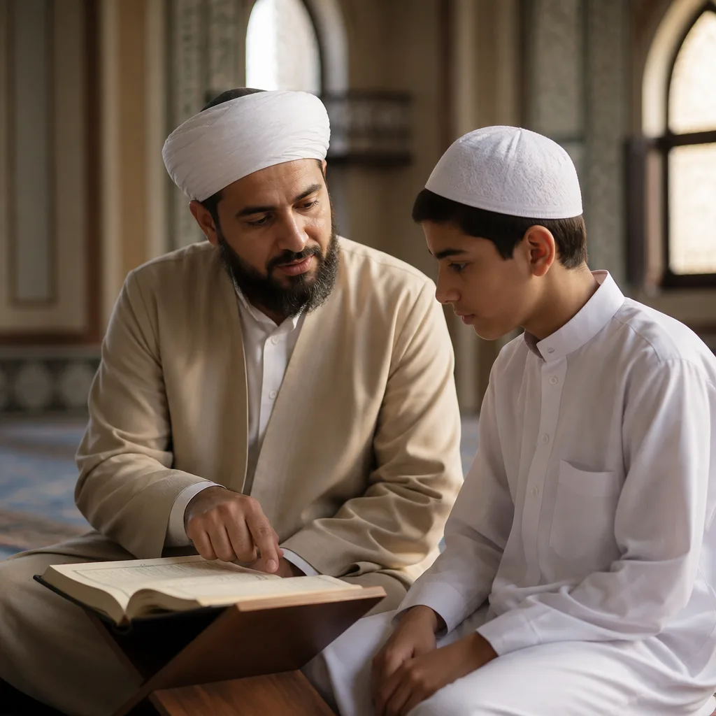 A Quran teacher reviewing recitation guidance in a calm learning setting.