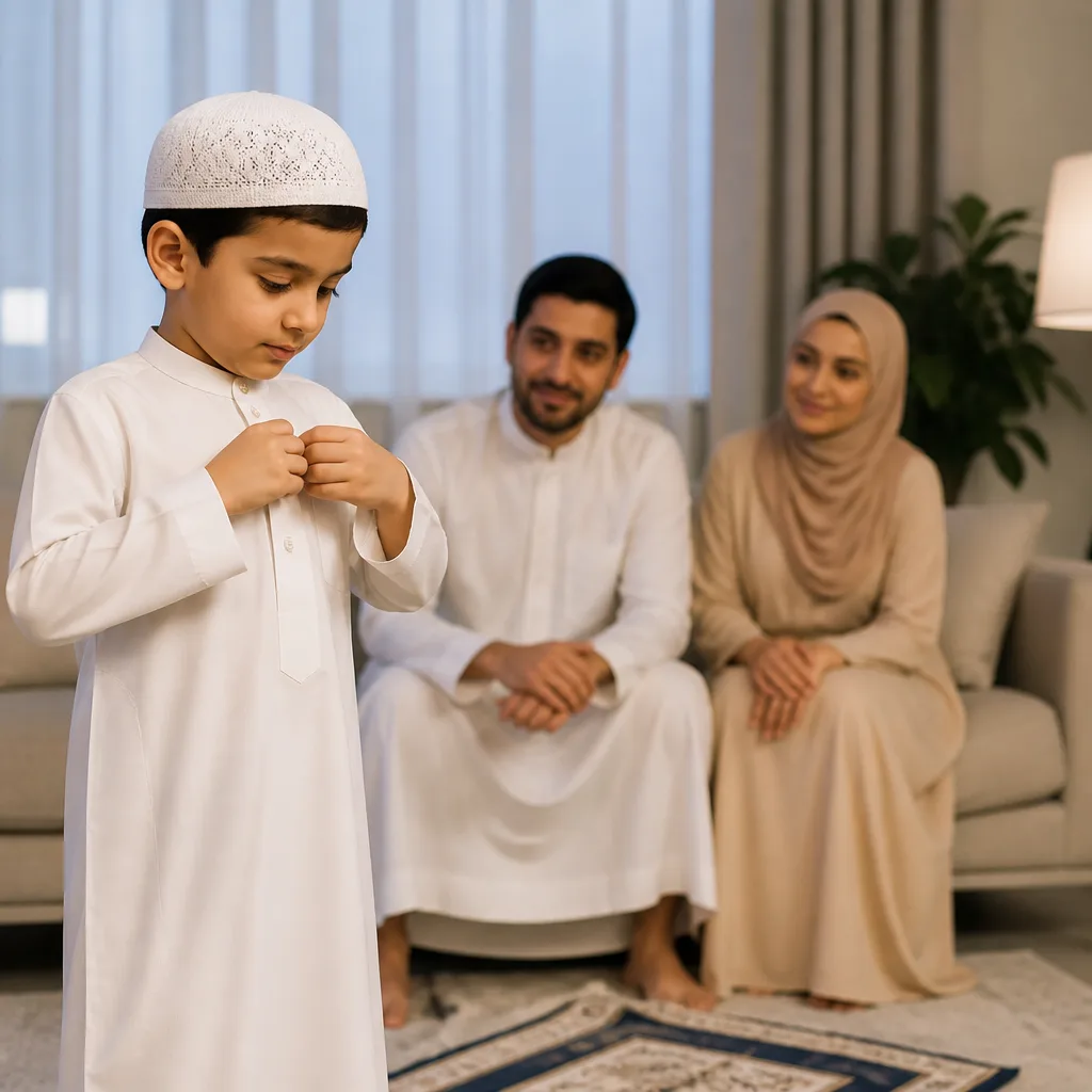 A child getting ready for prayer in a calm home setting