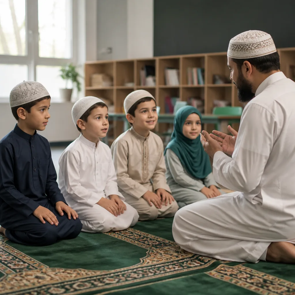 Children learning prayer basics with an instructor in a community classroom