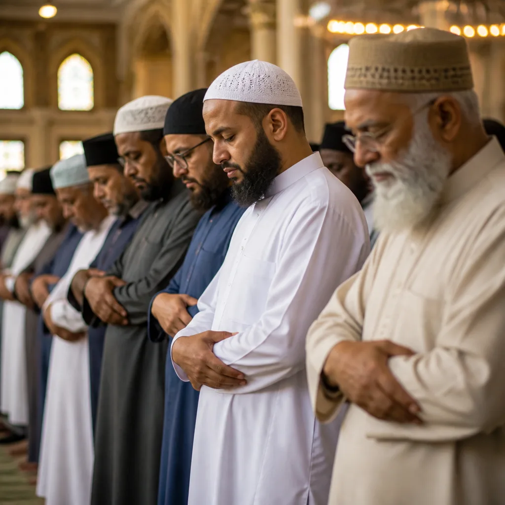 Diverse men praying inside a mosque