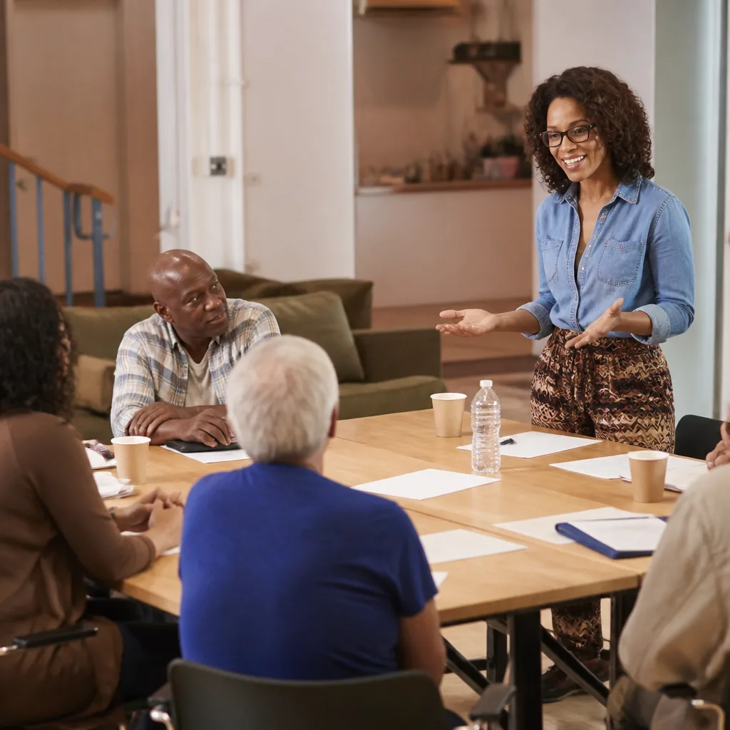 Facilitator leading participants in a community workshop setting
