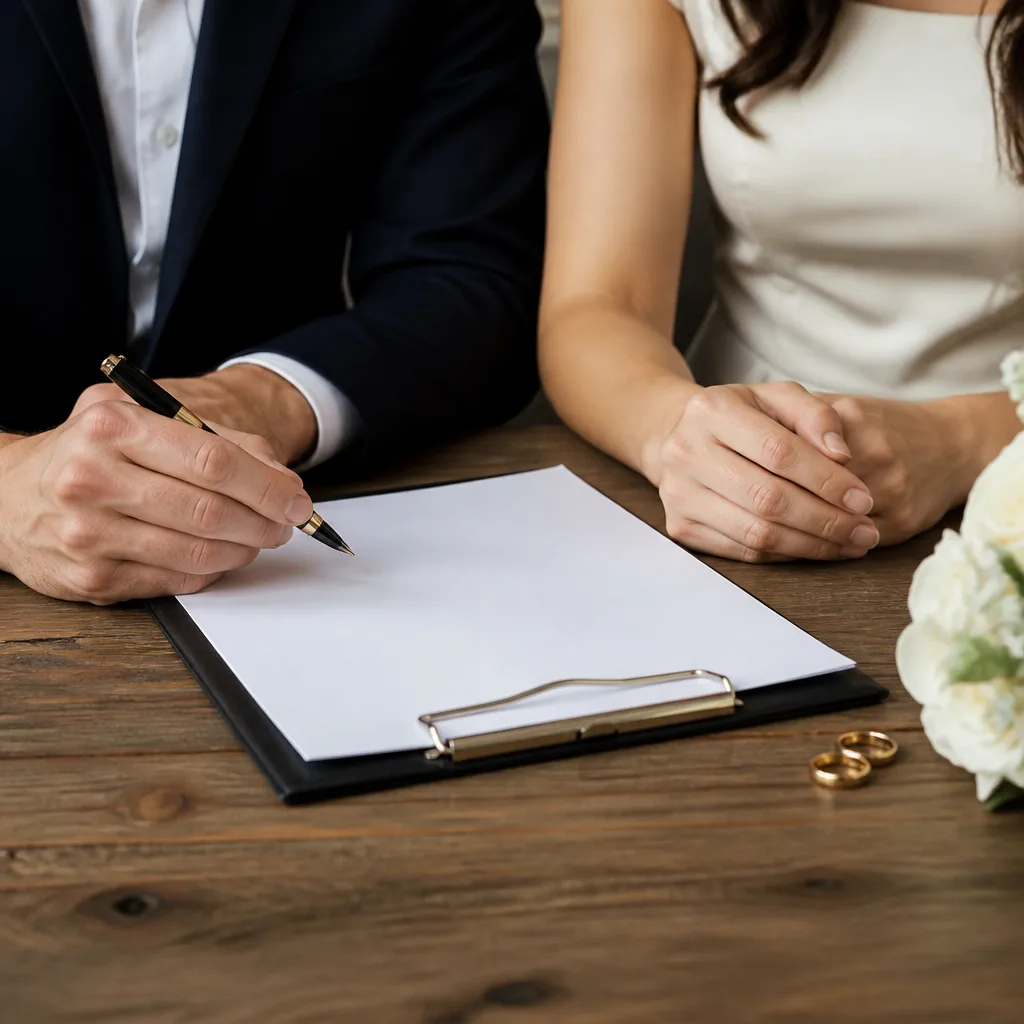 Hands preparing a contract on a table with blank paper