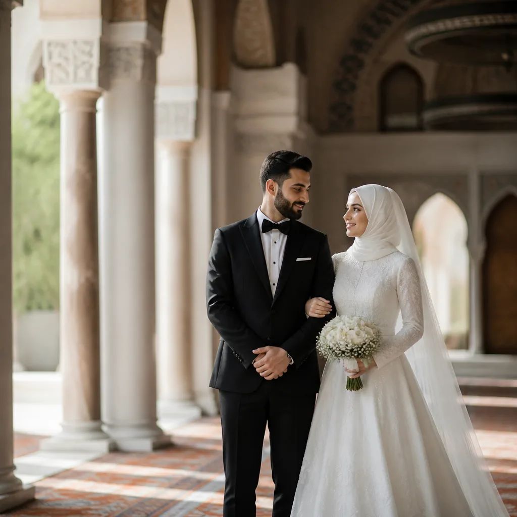 Bride and groom in a softly lit mosque setting