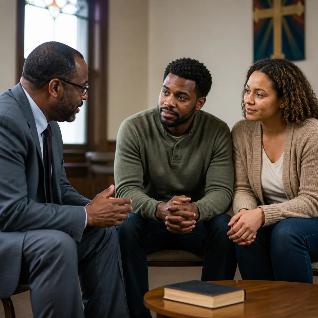 Couple meeting with a faith advisor in a community center