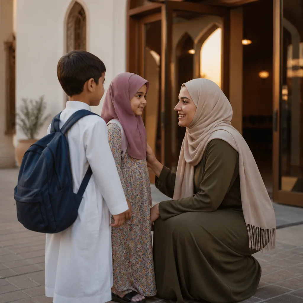 Family entering a community center at golden hour