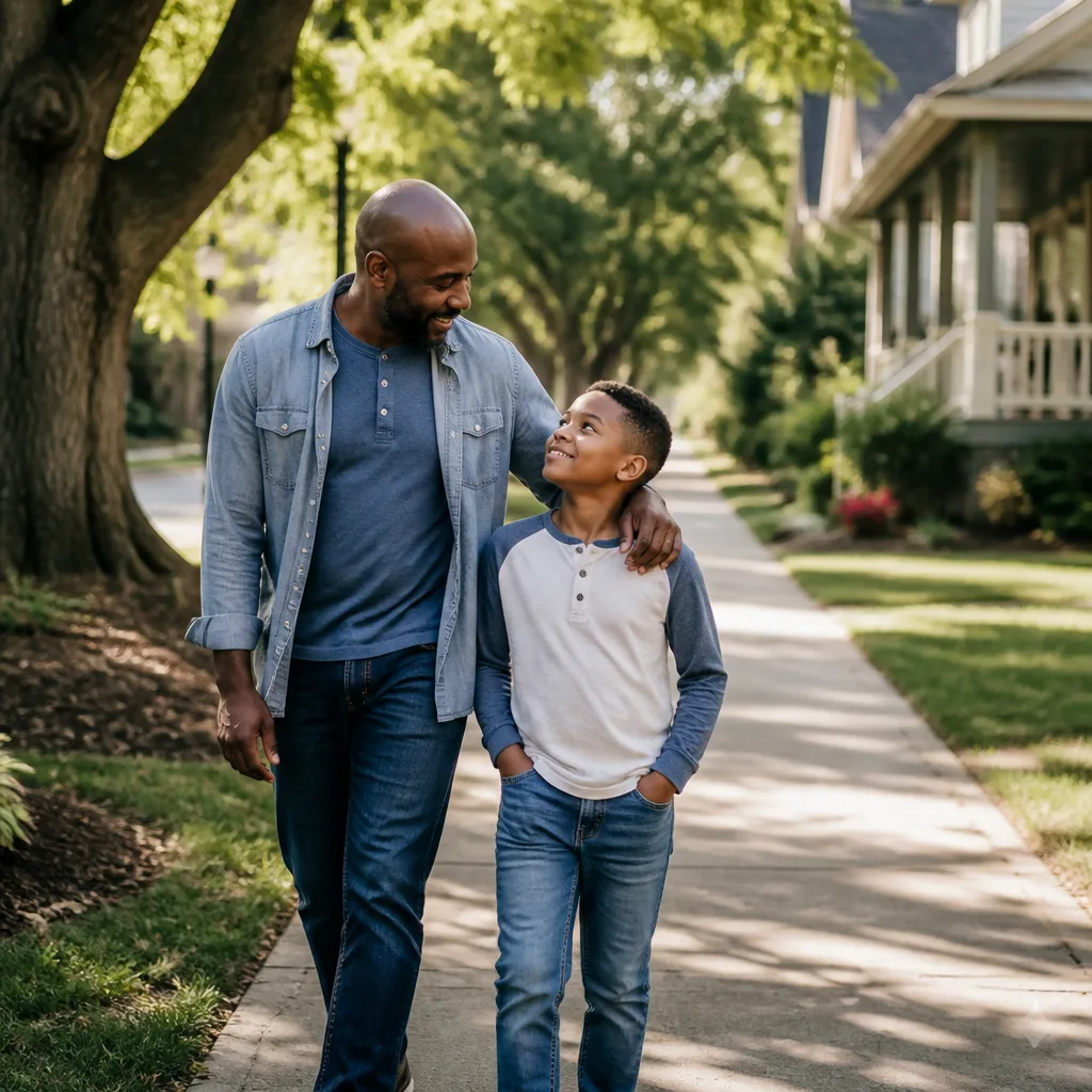 Parent and child in a calm community setting at golden hour