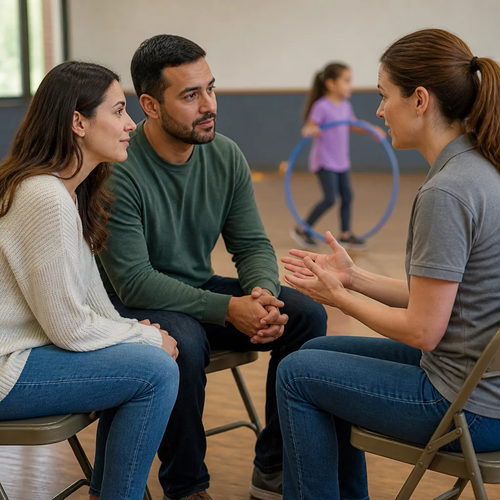 Parent and instructor speaking while a child learns in the background