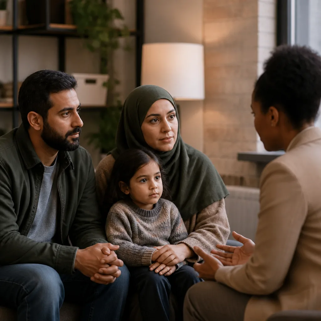 Family receiving compassionate funeral support indoors