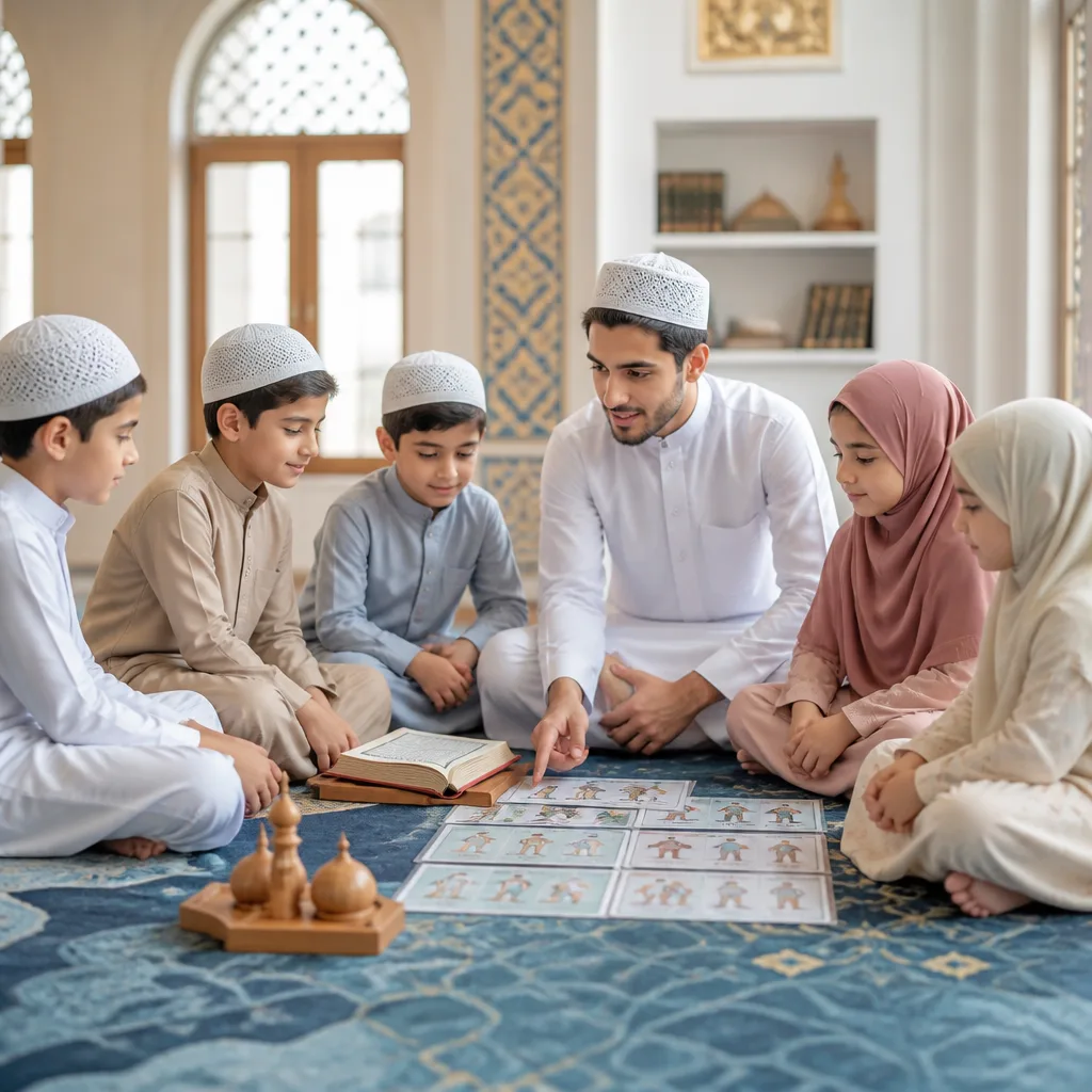 Youth learning prayer basics and Quran reading in a supportive class setting.
