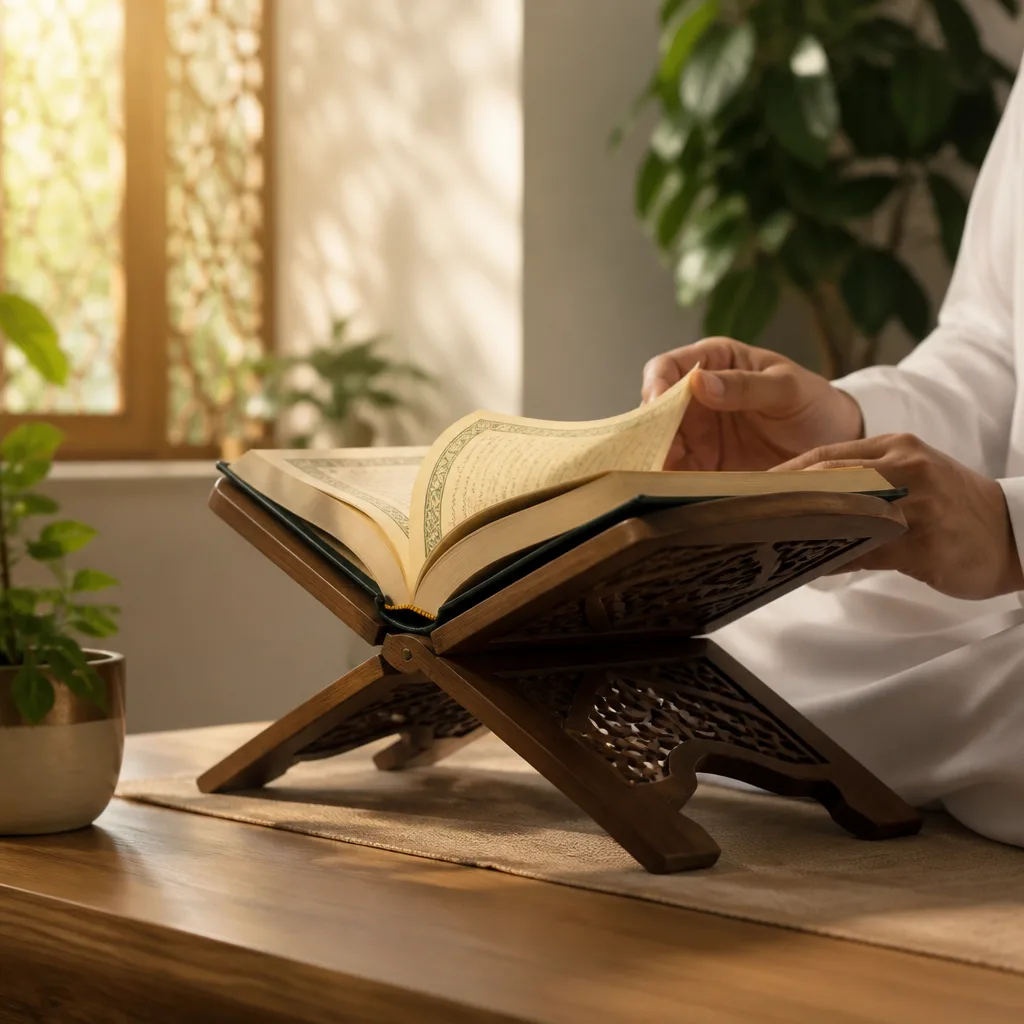 A tranquil Quran learning moment with age-appropriate guidance and calm focus.