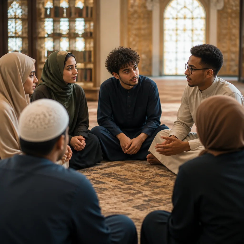 Muslim youth meeting in a welcoming masjid environment for leadership discussion