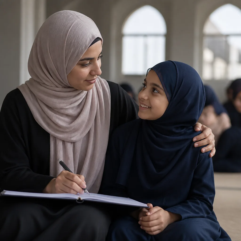 Mentorship moment between an adult and a young girl