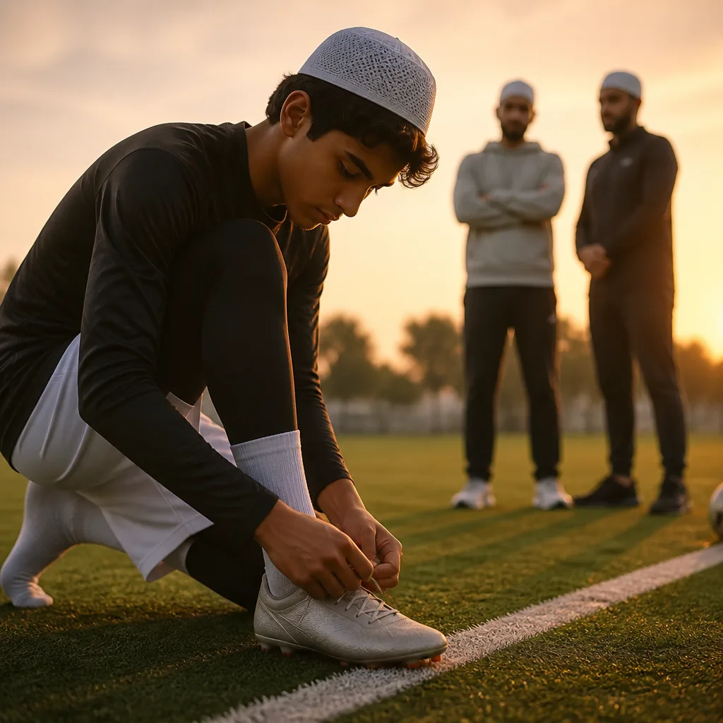 A Muslim high school athlete preparing with mentorship support for character building through sports.