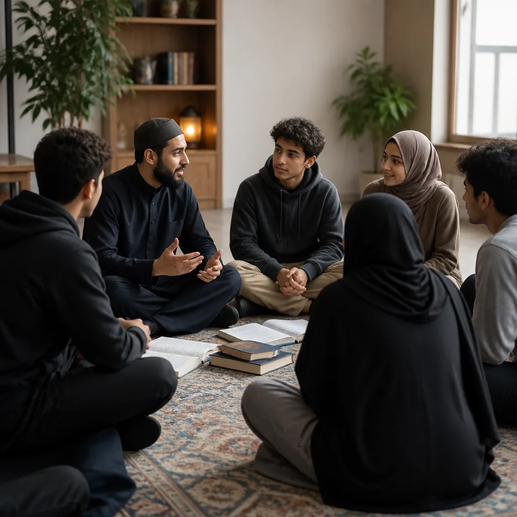 Youth in a calm halaqah-style discussion circle with a mentor at AMCC.