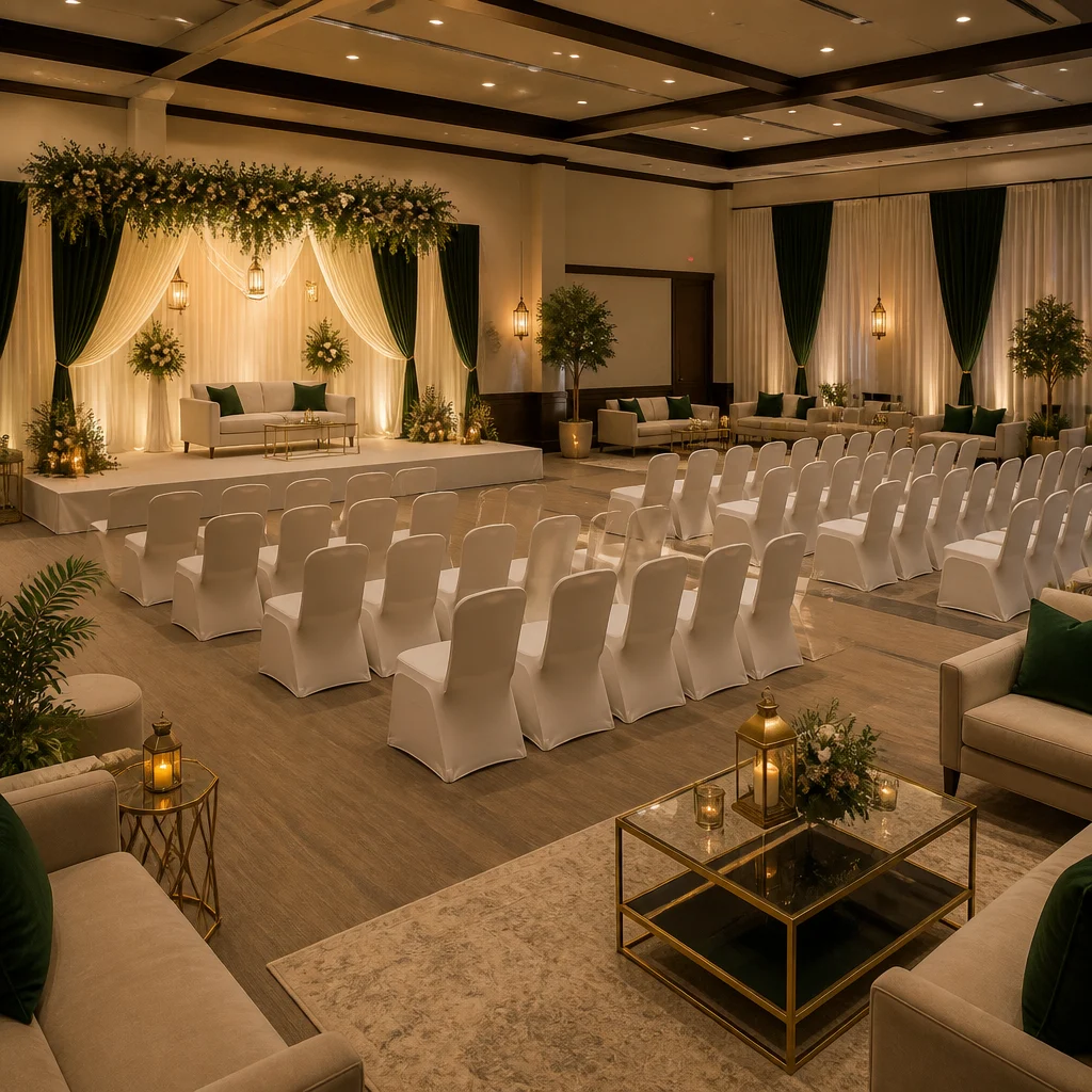 A welcoming service hall interior arranged with neatly set seating for a nikah reception, in warm light with deep green and gold accents.
