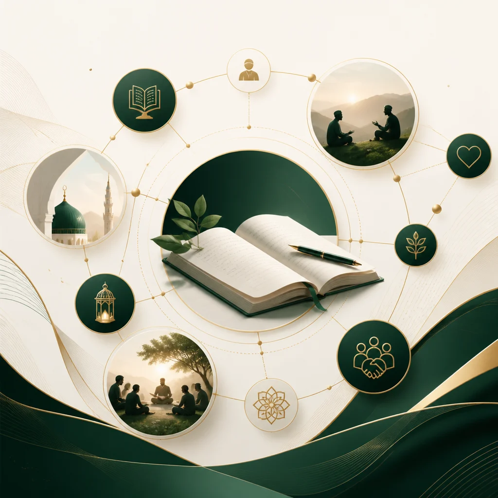 Abstract editorial scene representing a centralized homeschooling community portal, with interconnected learning and mentorship symbols in AMCC green and gold tones.