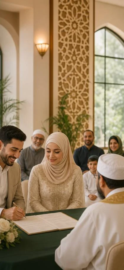 Couple signing the Nikah contract with an officiant, family witnessing