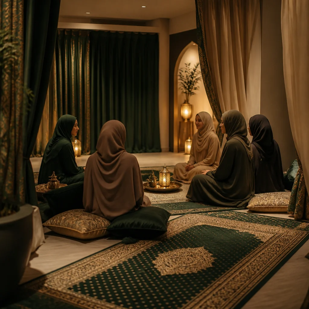 A private sister-only gathering room with softly drawn curtains, a calm seating arrangement with prayer rugs, and warm ambient lighting in deep green and gold tones.