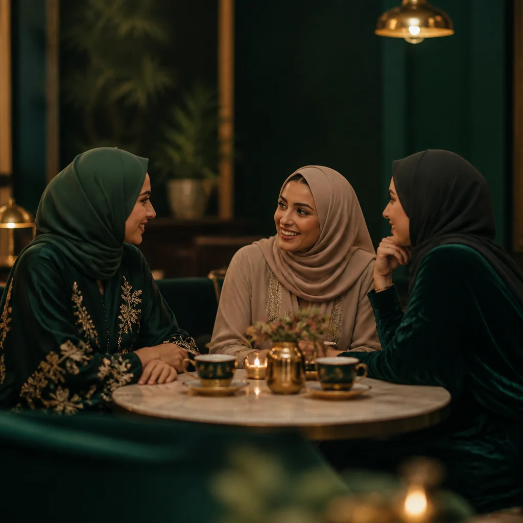 Modest women in a warm sister-only discussion setting with tea cups on a small table, soft indoor lighting, and deep green with gold accents that convey comfort and belonging.