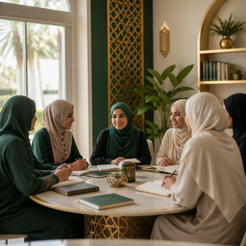 A serene sister-only learning circle in a community room with modest women seated around a table with open books and notebooks, styled with deep green and warm gold accents and soft editorial lighting.
